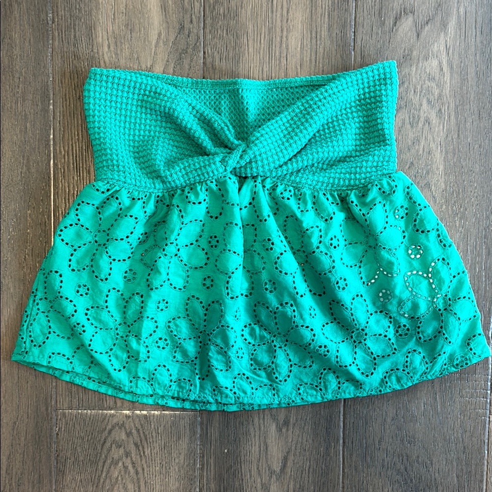 Forest Green Flower Lace Strapless Twist Blouse